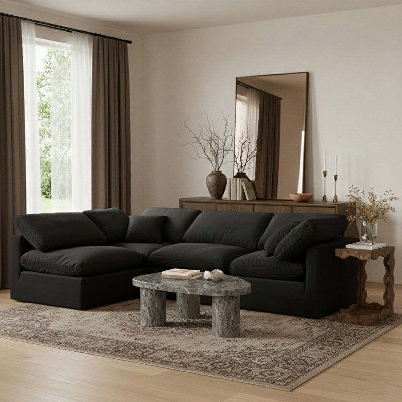 Itala Velvet L-Shaped Sectional Reversible, Black Velvet