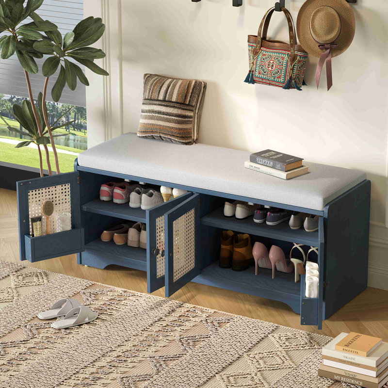Rattan Doors Shoes Storage Bench, Navy Blue