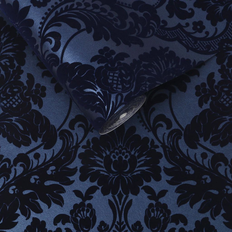 Gothic Damask Metallic Wallpaper Roll, Cobalt