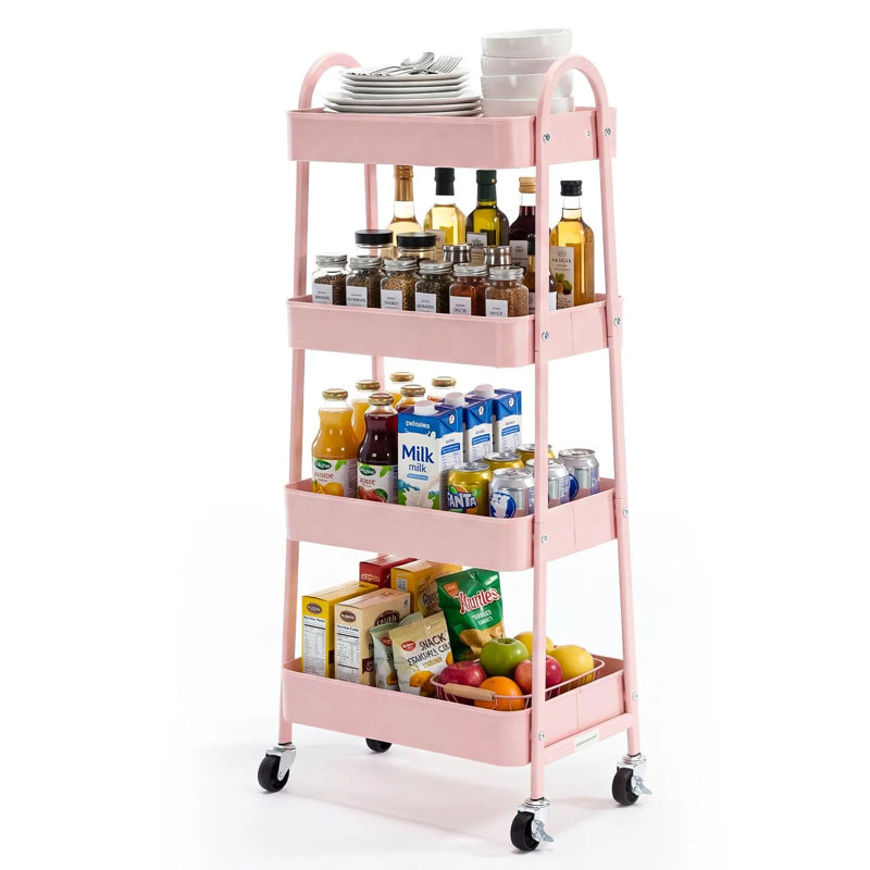 Chariot de rangement mobile avec roulettes verrouillables, Rose
