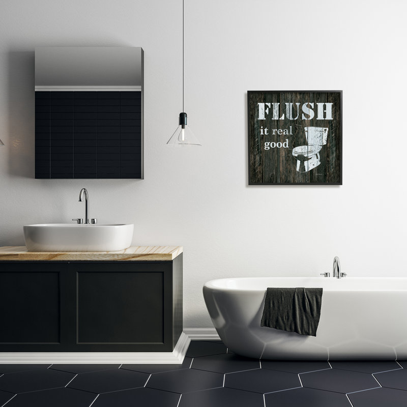 Toilette rustique «Flush It Real Good» par Carol Robinson, H 24 po x l 24 po x P 1,5 po, Giclée encadrée noir minuit