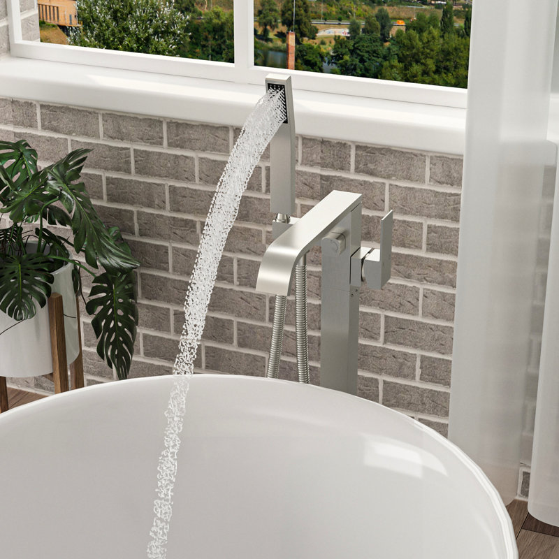 Robinet de baignoire fixé au sol en nickel brossé, double réglage de la température, technologie Splash, nickel facile à installer avec rotation du bec à 360 °, noyau rouille, douche à main incluse