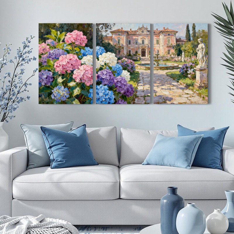 Ensemble de 3 tableaux sur toile tendue représentant une villa et un jardin d'hortensias, H 18 po x l 36 po