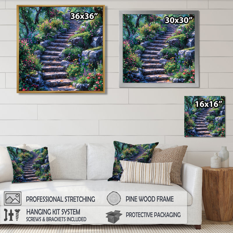 «Country Side Stairs With Blossoming Flowers», impression d'art mural champ de fleurs, H 16 po x l 16 po