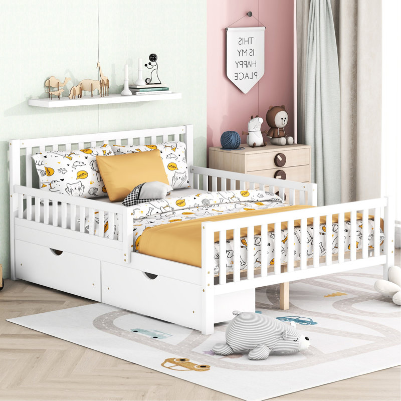 Lit plateforme en bois blanc avec garde-corps et rangement pour les lits doubles, Full, White