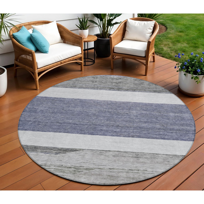 Tapis extérieur rond lavable abstrait ivoire bleu 8 po Denim