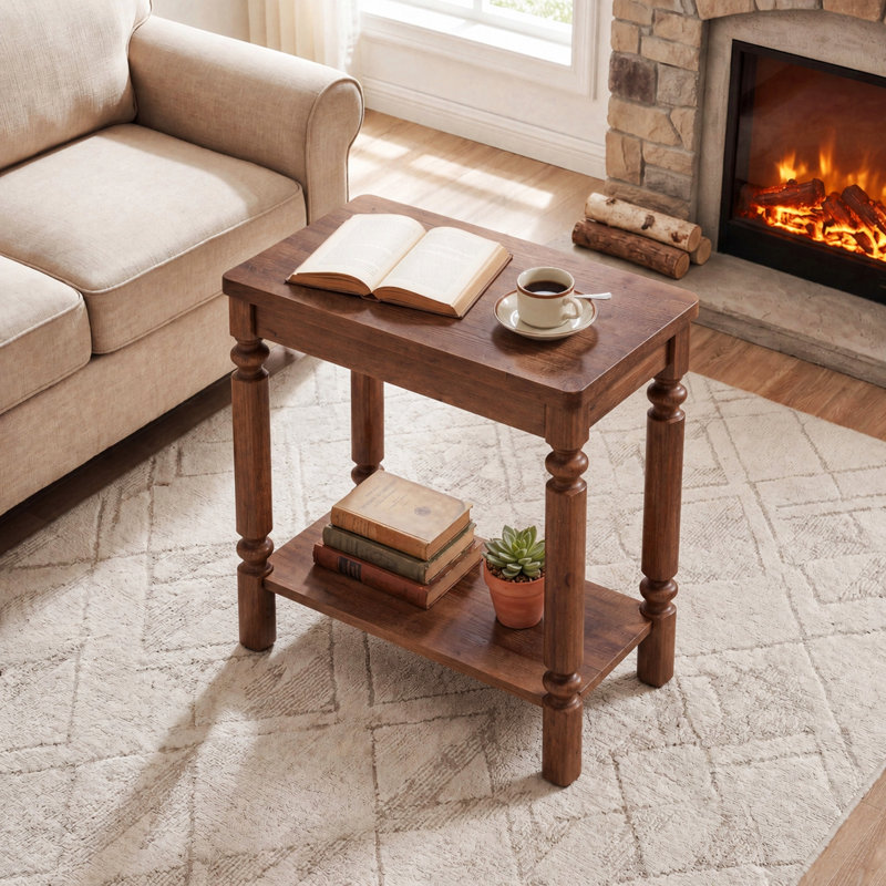 Table d'appoint en bois massif avec rangement ouvert, Brun foncé, Ensemble de 2