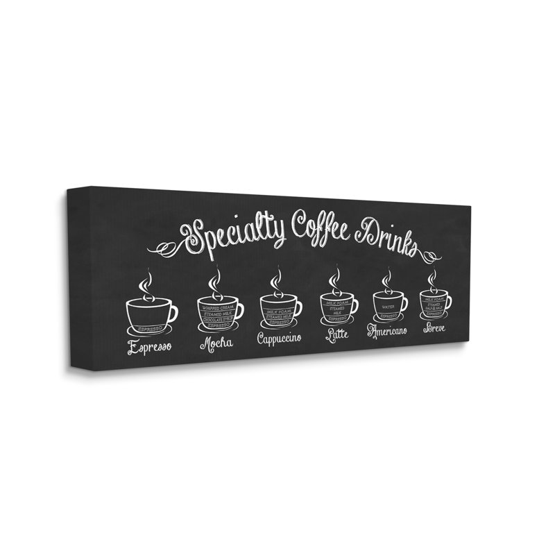 «Specialty Coffee Drinks Cafe Cups», signe informatif par lettré et doublé - impression sur toile sans cadre