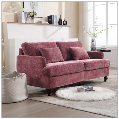Mid Century Modern Chenille Fabric Loveseat Sofa, 2-Seat Upholstered Couch for Living Room, Wooden Feet, Wine Chenille