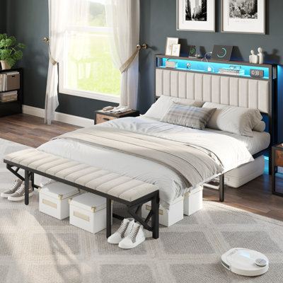 Ivy Bronx Full Size Bed Frame With Folding Bench And Charging Station, Led Light,Storage Shelves