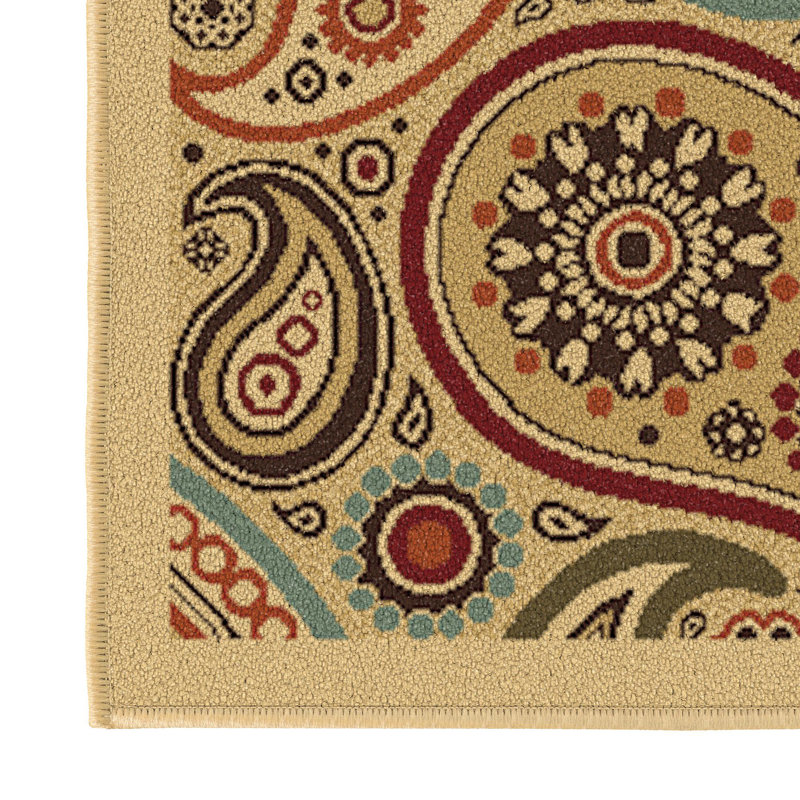 Contemporary Red and Beige Paisley Runner Rug with Non-Slip Backing
