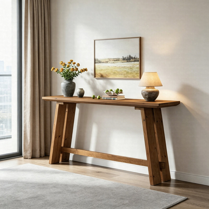 Console en bois massif de 63 po, canapé de style campagnard derrière le canapé, table de couloir à tréteaux