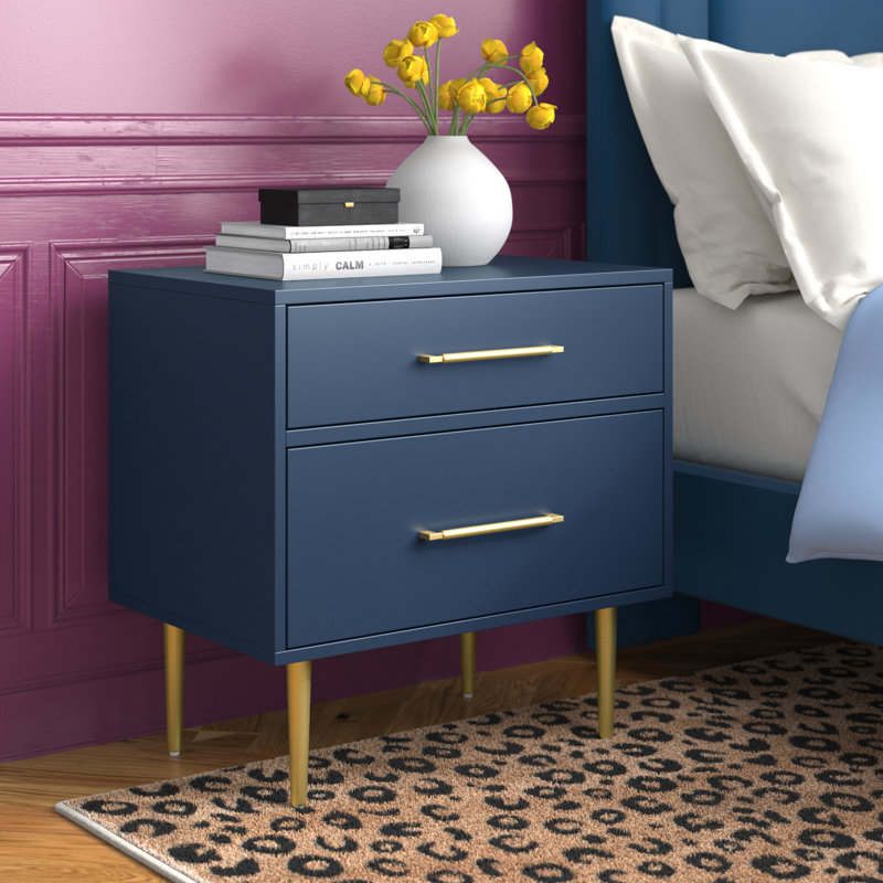 Baugh Glam Two Drawer Nightstand, Navy