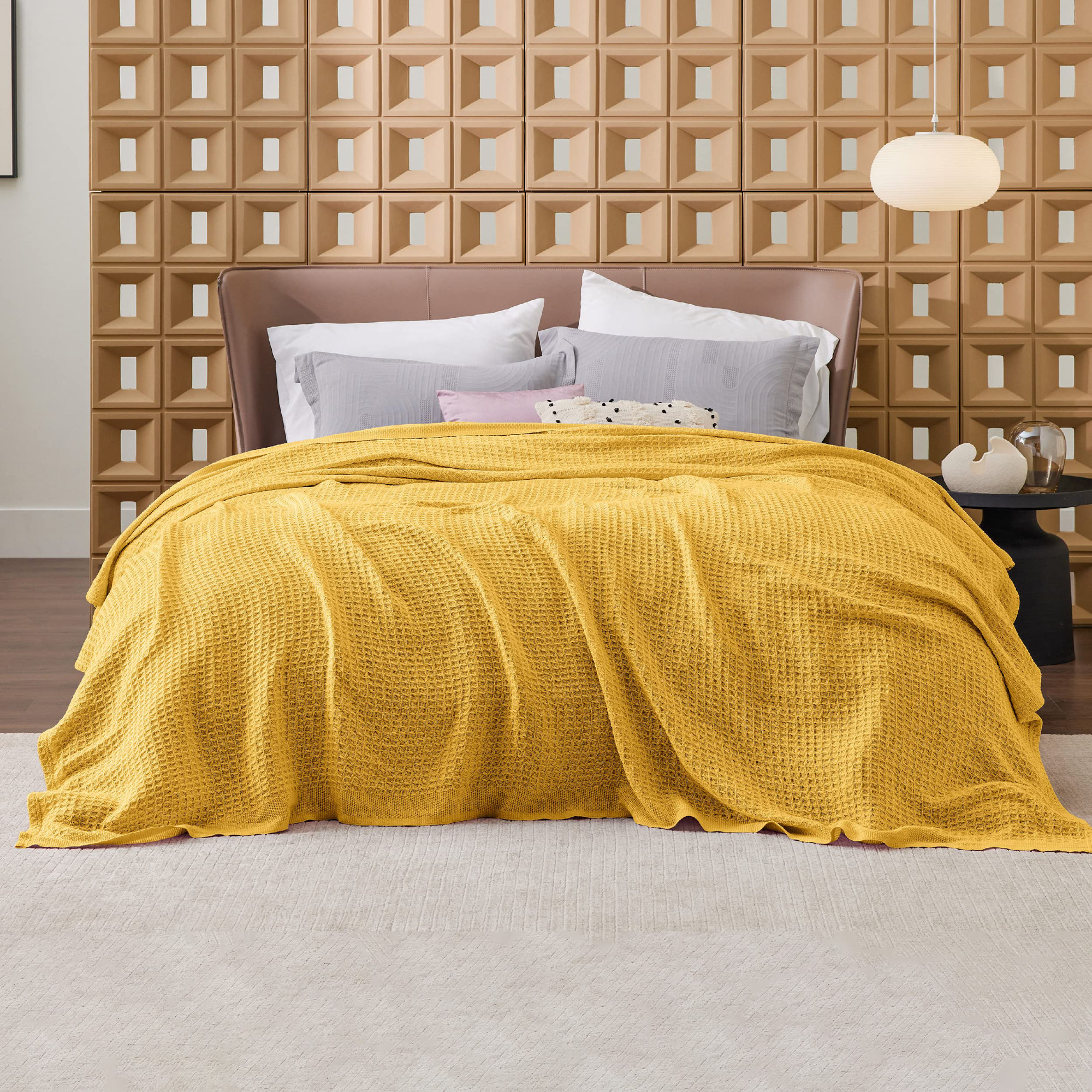 Essential Collection Bedsure 406gsm 100% Cotton Blanket Breathable Waffle Weave Throw Blanket GentleSoft™️, Mustard Yellow