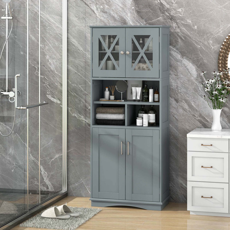 Tall Bathroom Cabinet Large Floor Storage Cabinet With Acrylic Doors & 3 Cubes, Gray