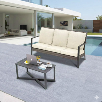 2-Piece Wicker Patio Conversation Set With Cushions & Coffee Table