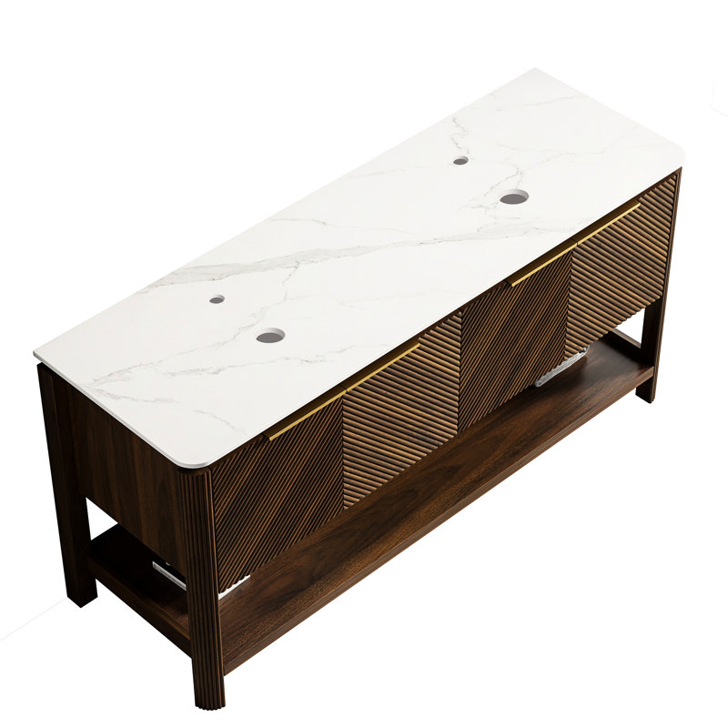 Armoire de salle de bain autoportante 60 po avec noyer foncé, plateau en pierre frittée blanche, 4 portes et tablette ouverte, imperméable, contreplaqué, contreplaqué multicouche, panneaux de porte en bois massif 3D, parfait pour l'organisation