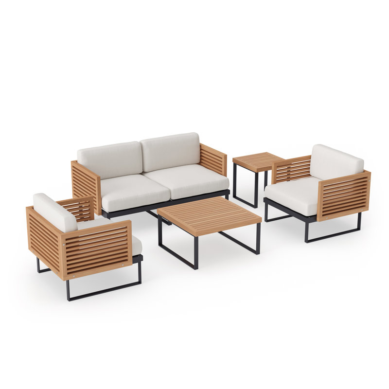 Outdoor Furniture Monterey 4 Seater Patio Chat Set with Coffee Table & Side Table, Charcoal Aluminum/Natural Teak