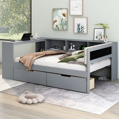 Lit plateforme double en bois avec tablettes de rangement, tiroirs, station de charge et tête de lit tapissier, gris