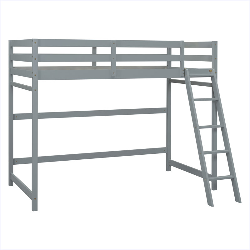 Lit mezzanine simple avec échelle inclinée, garde-corps, Gris