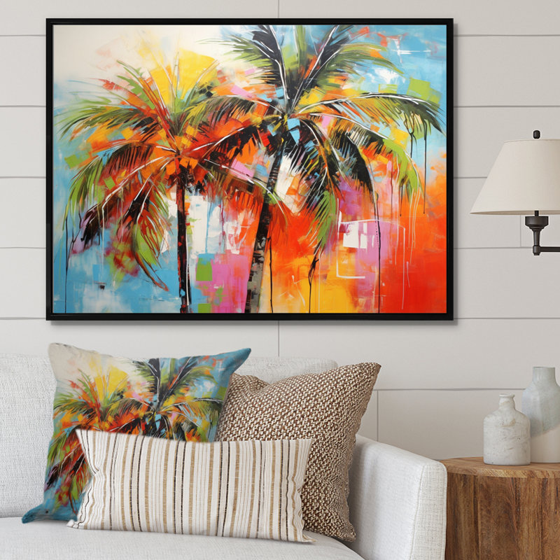 «Popart Palm Trees I», reproduction d'art sur toile Palm Trees, Cadre flottant noir, H 12 po x l 20 po x P 1 po