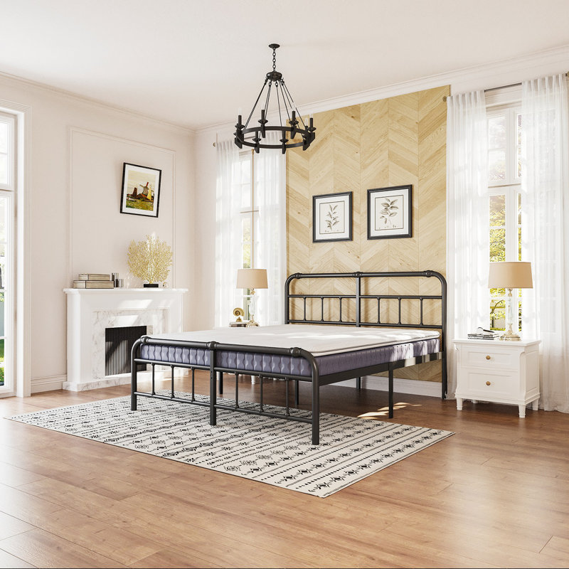 Amylia Heavy Duty, Anti-Sway, 14” Iron Bed, Head and Footboards, Artistic Steel Pipe Molding