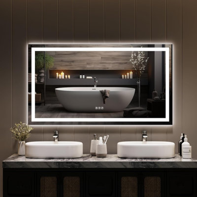 Miroir de salle de bain 50 po x 28 po à DEL, avant et rétroéclairé, à intensité variable, anti-buée, à mémoire de forme et anti-bris