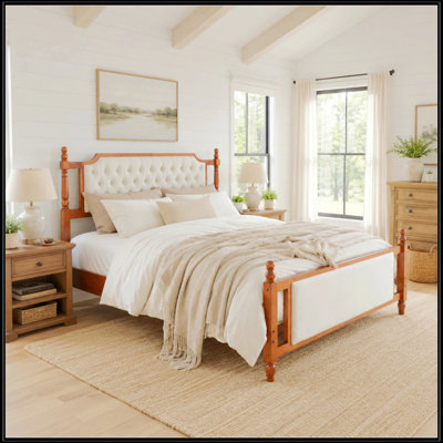 Grand lit plateforme tapissier avec tête de lit capitonnée à boutons, lit de ferme en bois massif, aucun sommier tapissier requis, style champêtre français moderne
