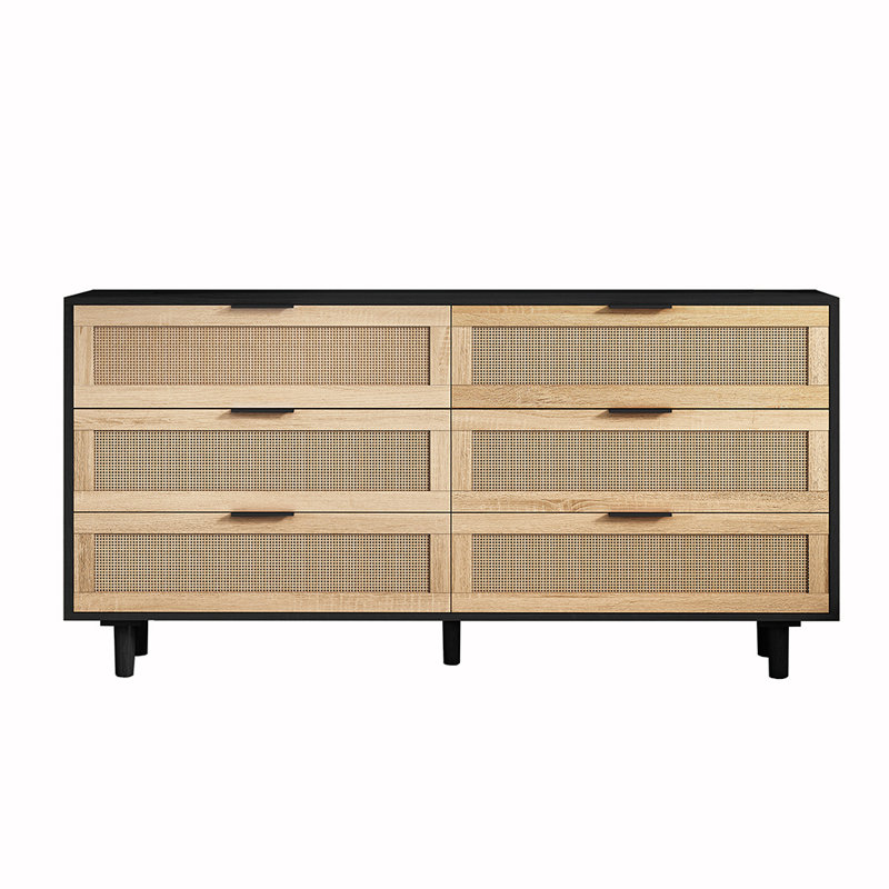Armoire de rangement en rotin 6 tiroirs, H 29,72 po x l 59,06 po x P 15,75 po , Noir, noir, noir, noir