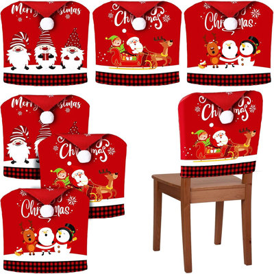 Christmas Chair Covers – Red Buffalo Plaid – 4 Pack / Felt / Santa Hat Design, Holiday Dining And Party Back Covers