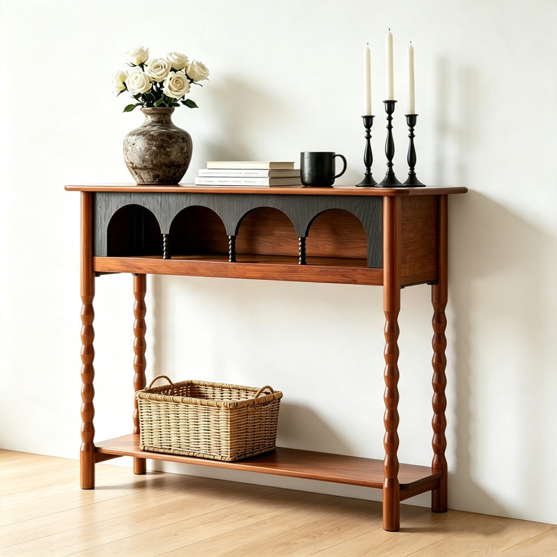 Console haute vintage en bois massif de 112 cm de large avec rangement, couleur noyer, idéale pour une entrée.