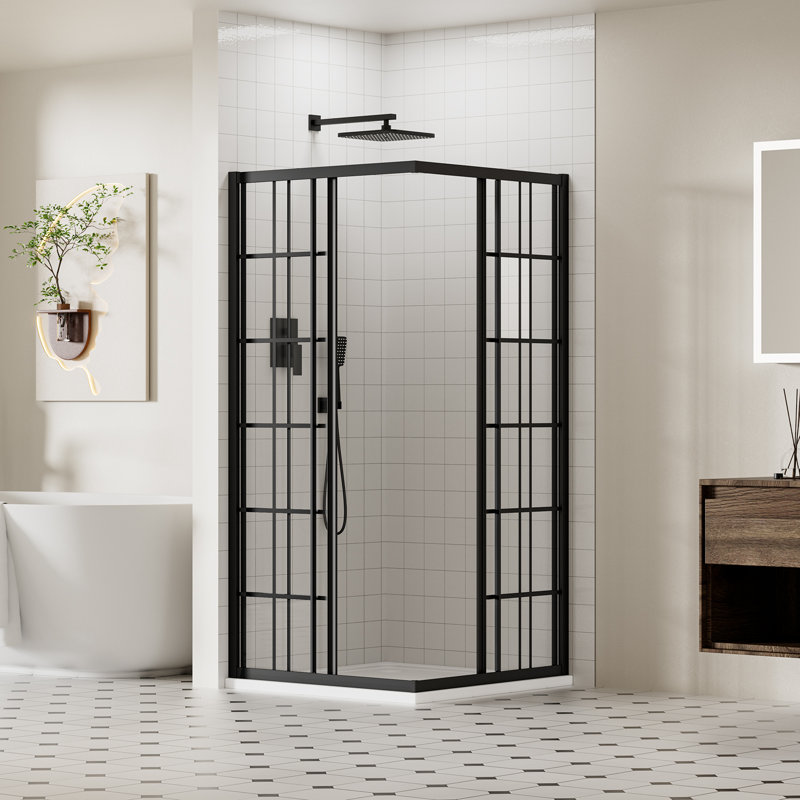 Double Sliding Corner Shower Door with 1/4" (6mm) Clear SGCC Tempered Glass, 36" D x 36" W x 72" H Corner Shower Enclosure, Sliding Shower Enclosure in Matte Black Framed Glass Finish