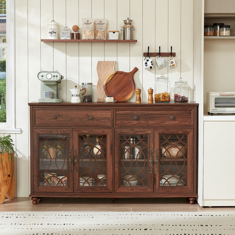 Farmhouse Sideboard Buffet Cabinet With Storage,59" Large Credenza With 4 Glass Doors & 2 Drawers,Adjustable Shelves Console Table,Wood Kitchen Coffee Bar For Dining Room,Living Room