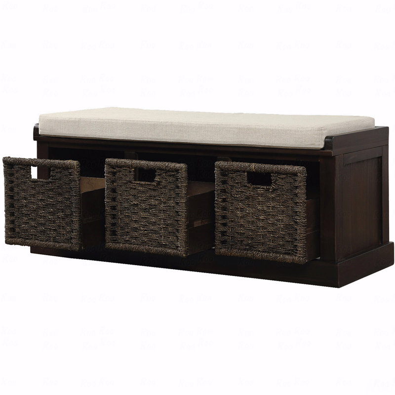 Banc de rangement rustique avec 3 paniers en rotin classiques amovibles, banc d'entrée avec coussin amovible, Espresso