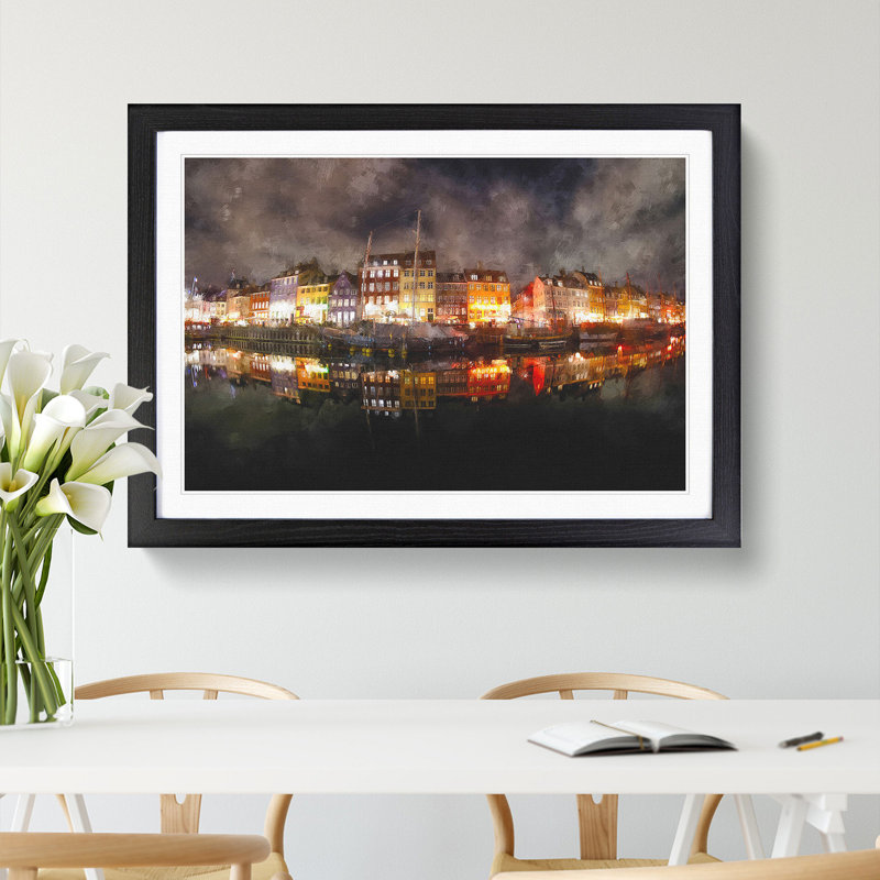 Nyhavn Canal in Denmark - Picture Frame Graphic Art Print, 24cm H x 33cm W x 2cm D, Black Framed