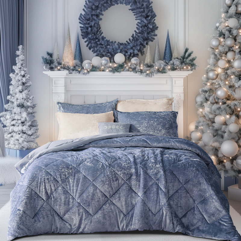 Ensemble d'édredon en velours 4 pièces Felicia, Édredon double / grand + 2 taies décoratives sta, Bleu