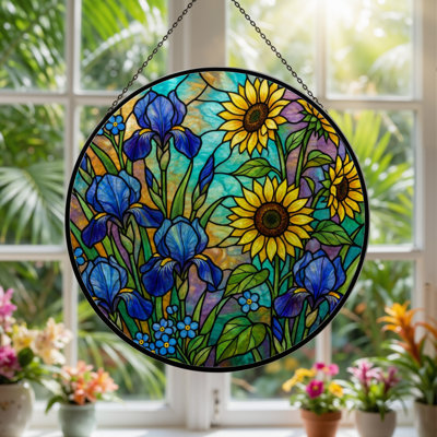 12"H Sunflower Iris Stained Glass Window Panel