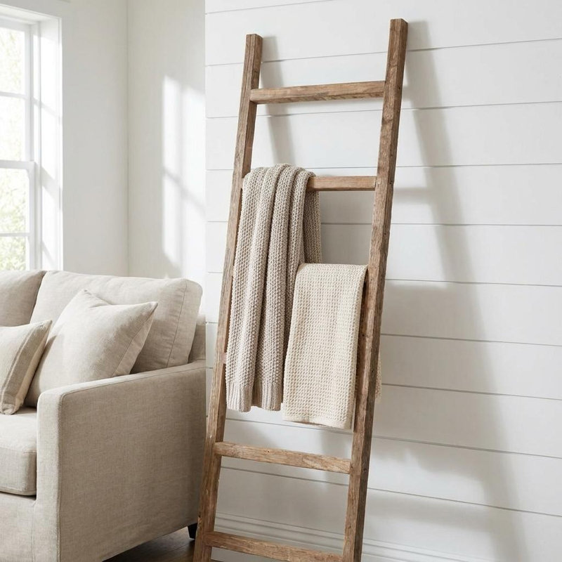 Orla Rustic Step Wood Ladder Shelf, Gray, (6 Shelves) 65" H x 17" W x 3" D