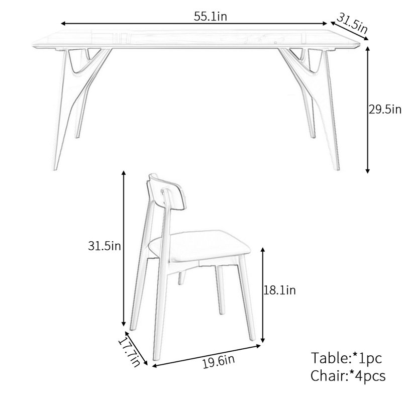 Nordic simple rectangular dining table set, 29.5"H x 55.1"L x 31.5"W