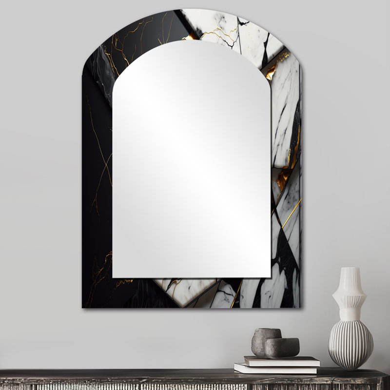Abstrait géométrique doré IV - grand miroir arqué en marbre, décor de miroir mural asymétrique moderne, impression d'art en métal