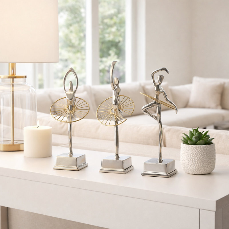 Sculptural Ballerina Dancing Figurine for Home Decor Display - Decorative Metal Statue Accent for Living Room Decoration - Set of 3, 13", Silver & Gold