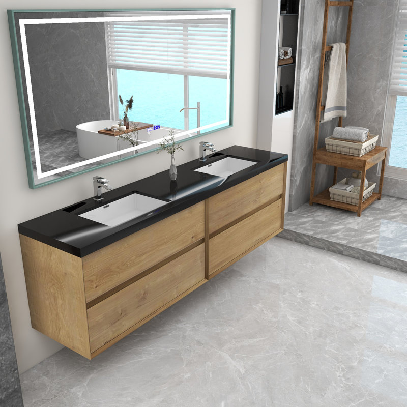 Ensemble de meuble-lavabo double mural 84 po Calarco Kody, Chêne blanc