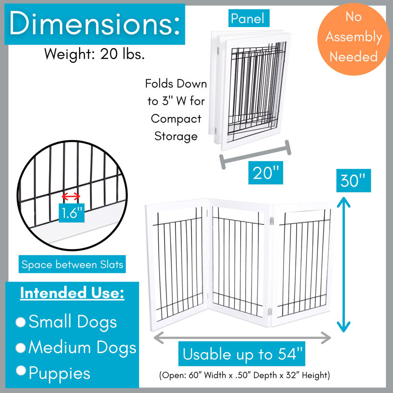 BirdRock Home 3-Panel Wooden Dog Gate, White, White