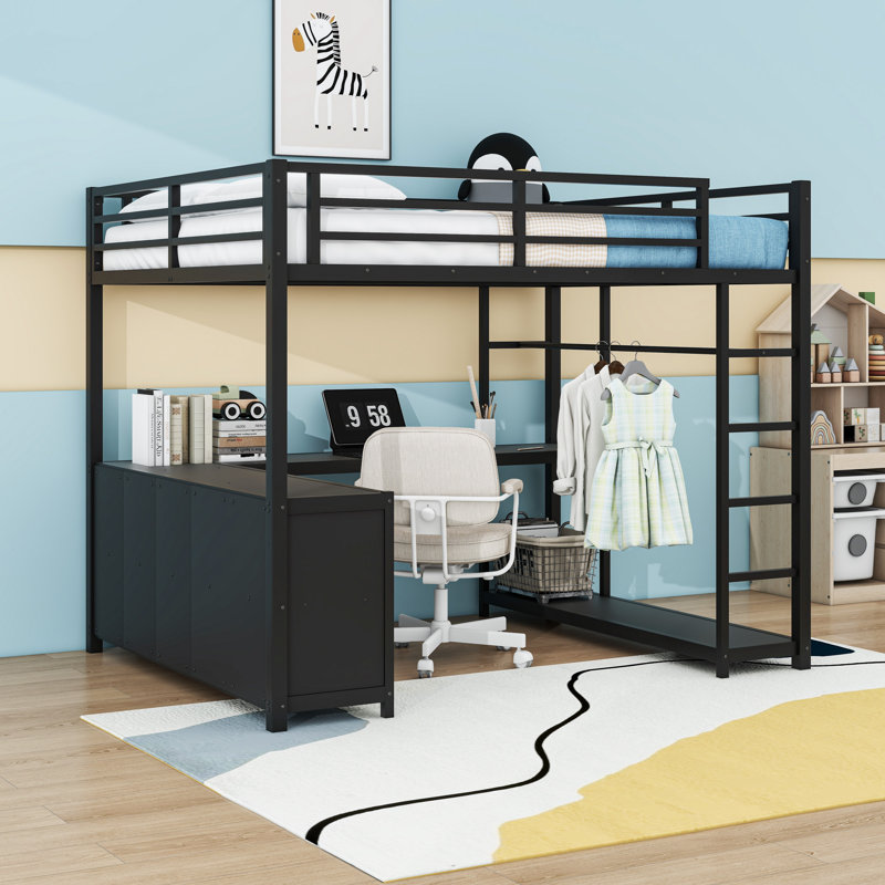 Metal Loft Bed with L-Shaped Desk and Wardrobe,Ladder, Black, Queen