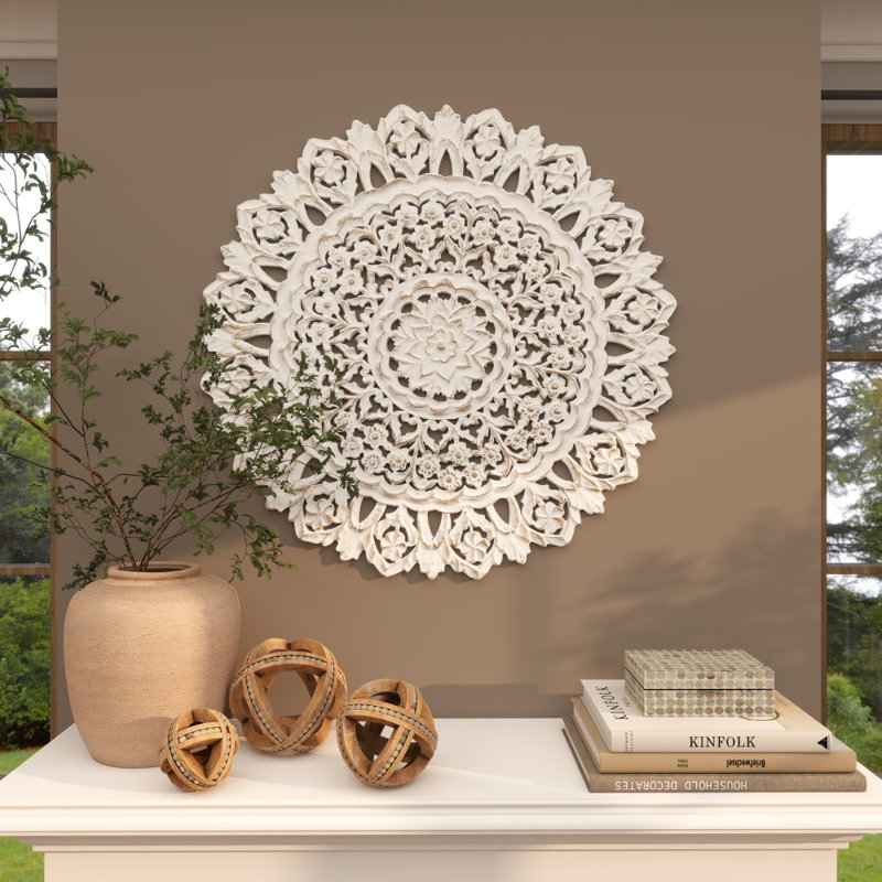 Décoration murale mandala sculpté à la main blanc en bois blanc 35 po x 2 po x 35 po
