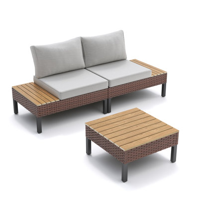 Loveseat Patio Sofa with Side Tables, Square Coffee Table and Cushions, Outdoor Conversation Set