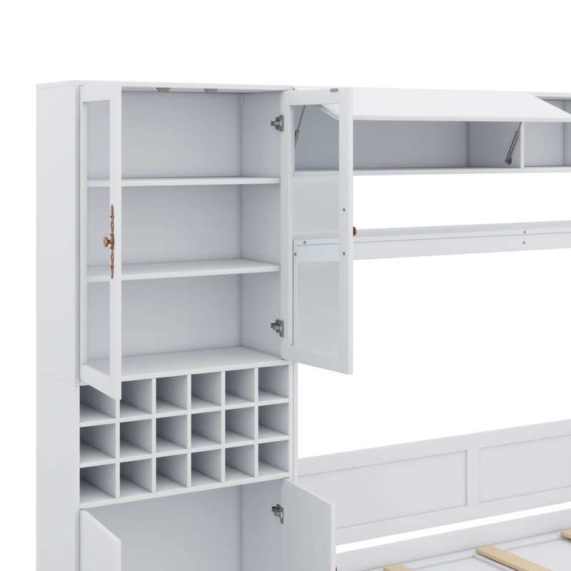 Lit escamotable fixé au mur avec canapé intégré, bibliothèques, charge USB et éclairage, Lit double, Blanc