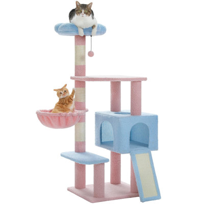 Multi-level cat tower, sisal-covered scratching post, cat apartment, top perch, ramp, fluffy ball