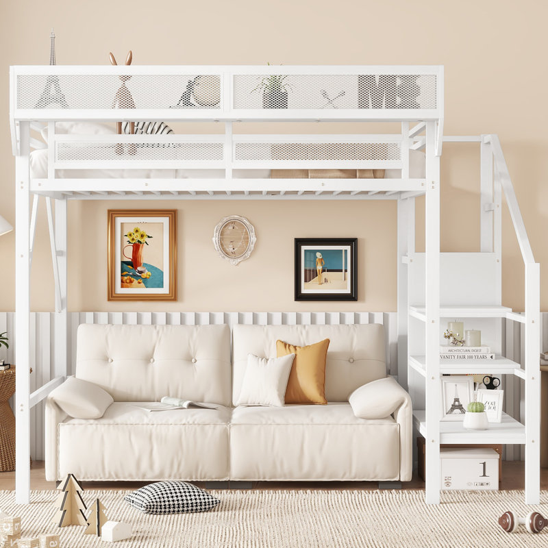 Structure de lit mezzanine en métal avec garde-robe, tablettes de rangement, Blanc
