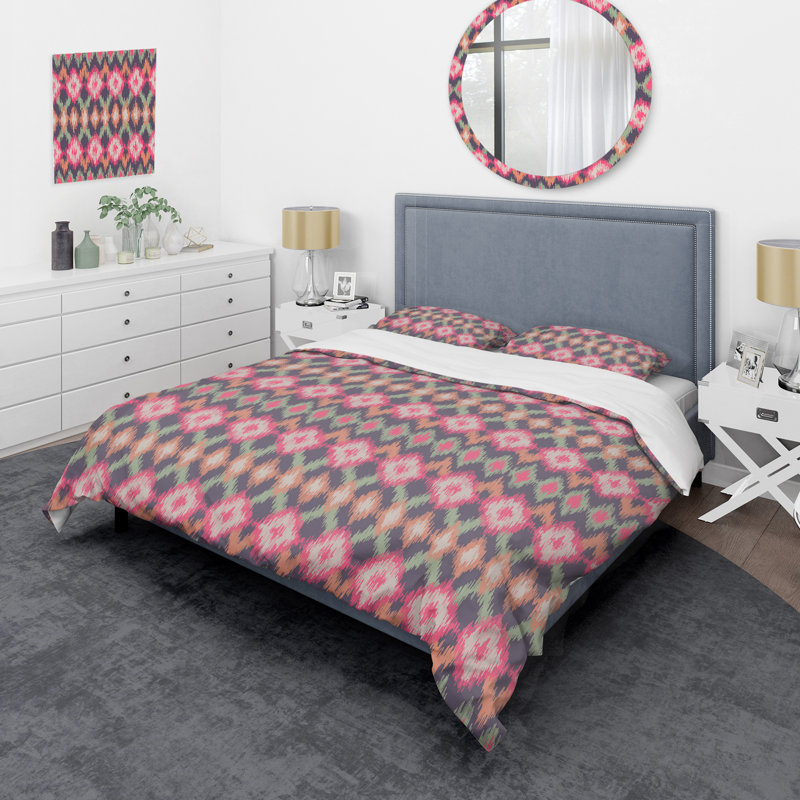 Ensemble de housse de couette à motif rose Ikat, Housse de couette simple + 1 taie décorative stan